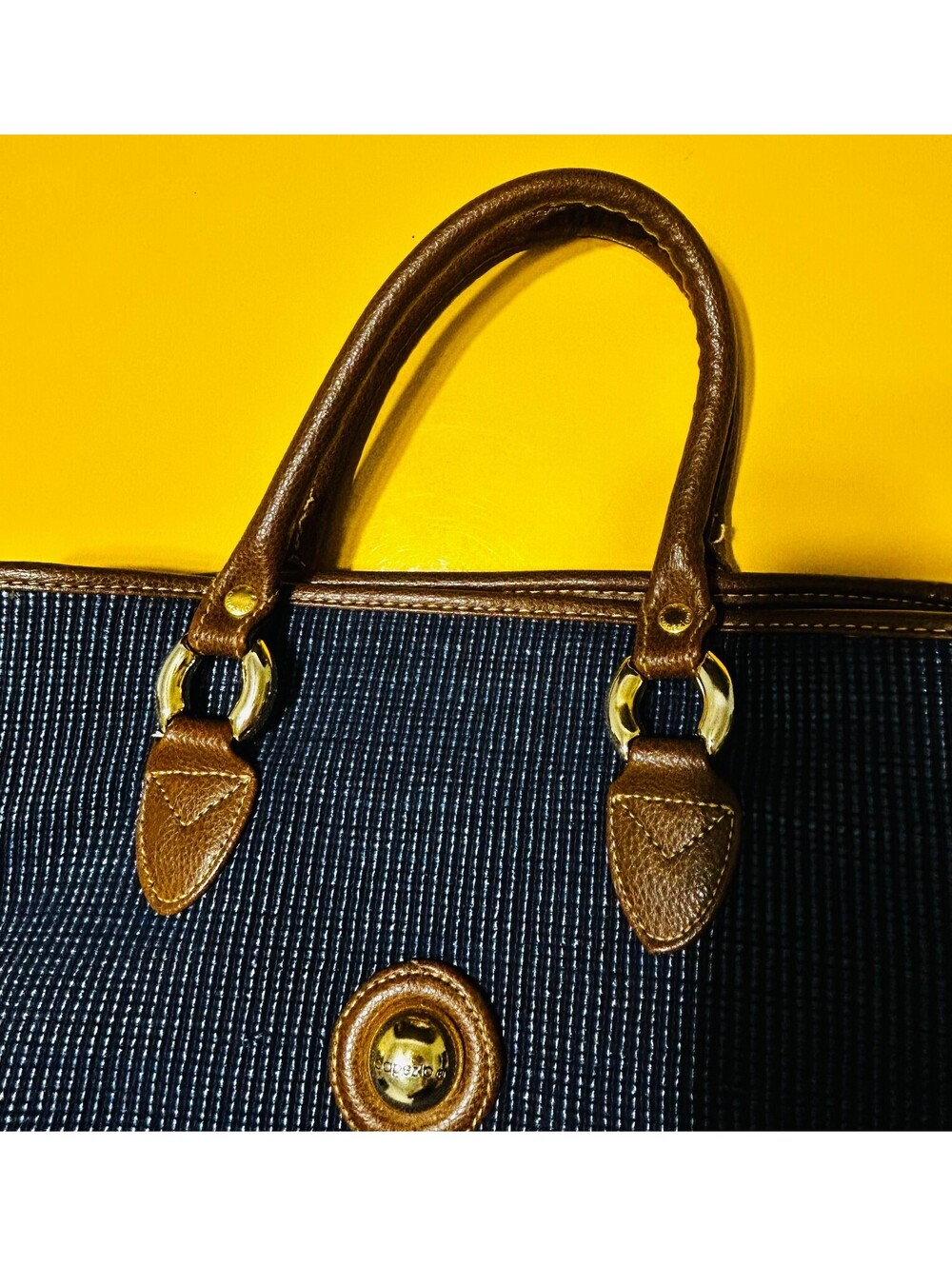 VTG Capezio Woven Mesh Tote Bag Navy Blue Cognac Brown Shoulder Handbag